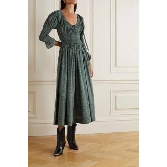 DOEN Kaira Midi Dress Printed Smocked Ruffle Evergreen Puff Sleeve S New - Picture 9 of 11